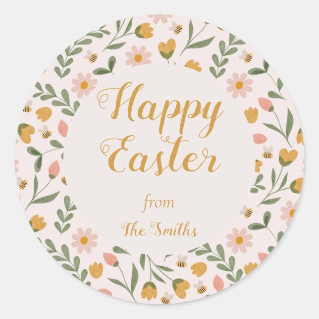 Adesivo Redondo Vinheta de Primavera de Flores e Abelhas de Aquare (Frente)