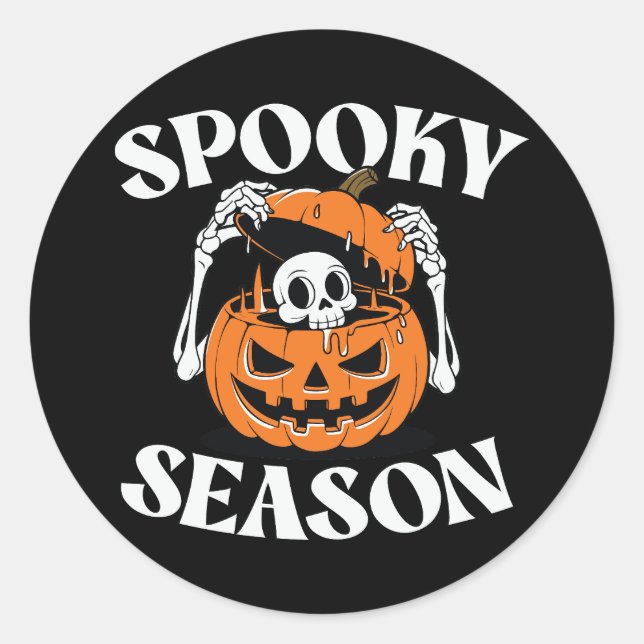 Adesivo Redondo Vinheta de Pumpkin Skeleton Season Spookie (Frente)