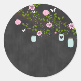 Adesivo Redondo Vinheta de quadro-negro com flores cor-de-rosa e j