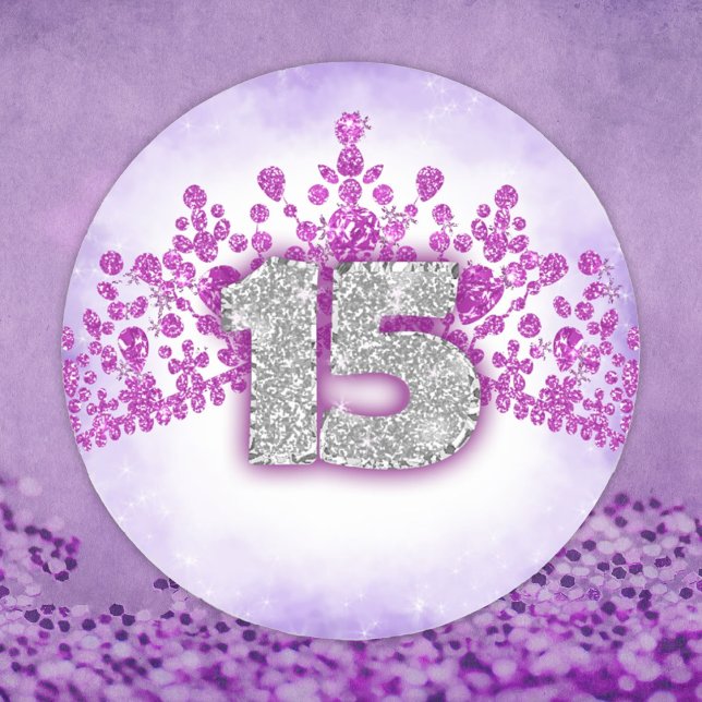 Adesivo Redondo Vinheta de Quinceanera de Tiara, Roxo e Rosa (purple pink silver quinceanera number 15 stickers, silver glitter fifteen fifteenth birthday party)