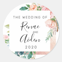 Adesivo Redondo vinheta de rosa de casamento, favor floral rosa