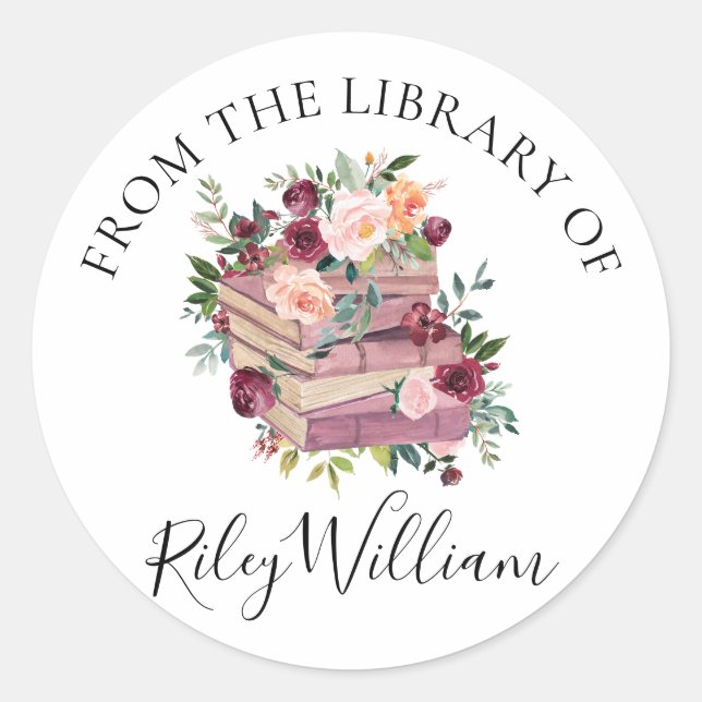 Adesivo Redondo Vinheta de Rosas e livro roxo de aquarelas (Frente)