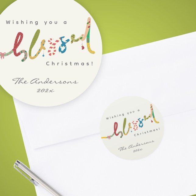 Adesivo Redondo Vinheta de saudação de Natal abençoada e pintada (Criador carregado)