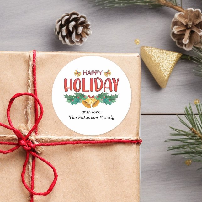 Adesivo Redondo Vinheta de Sinais de Feriado Clássico e Nome da Fa (Custom Classic Holiday Bells & Holly Family Name Sticker)