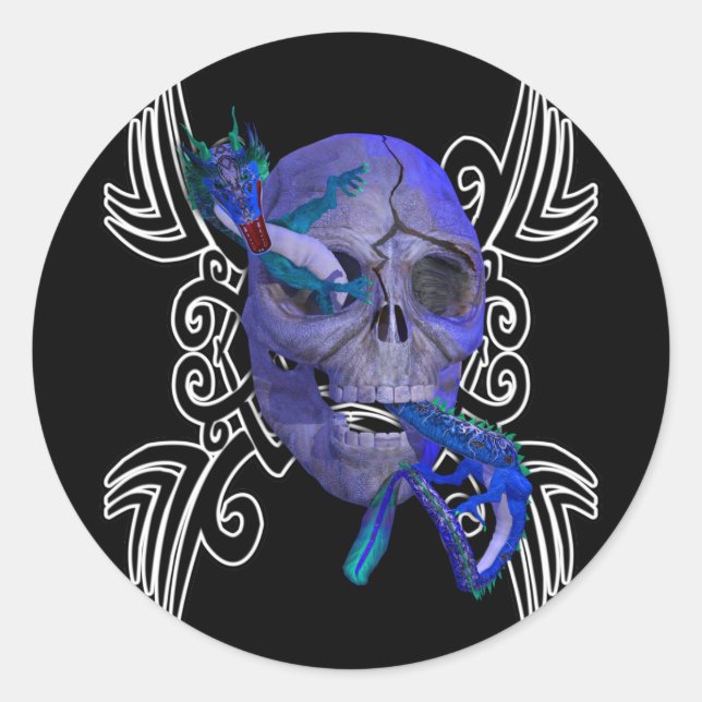 Adesivo Redondo Vinheta de Tatuagem do Caveira e Dragão (Frente)