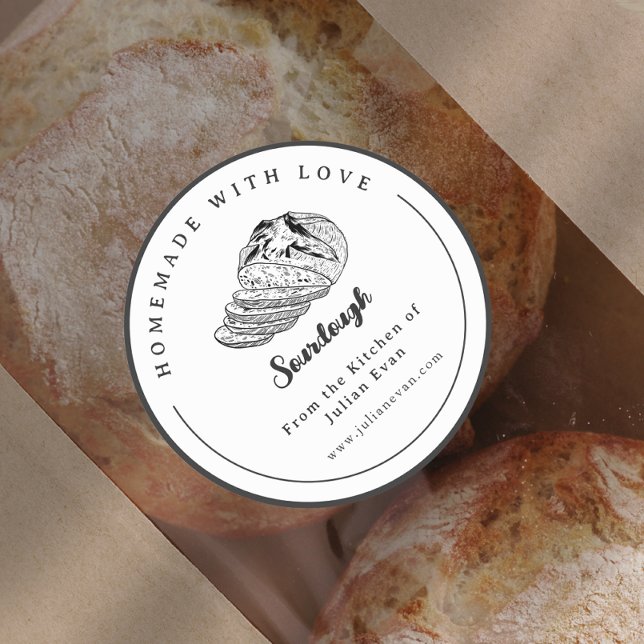 Adesivo Redondo Vinheta de tripa branca e preto simples (Simple Black and White Homemade Sourdough Sticker)