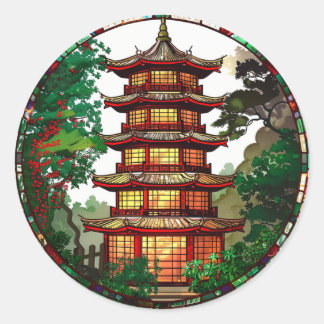Adesivo Redondo Vinheta de vidro manchada tradicional Pagoda