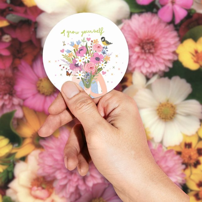 Adesivo Redondo Vinheta do círculo "Cresça a si próprio" (Criador carregado)