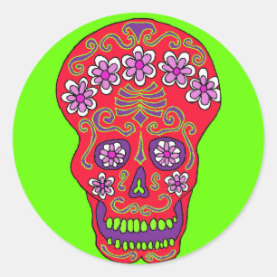Adesivo Redondo Vinheta do crânio da flor em vermelho