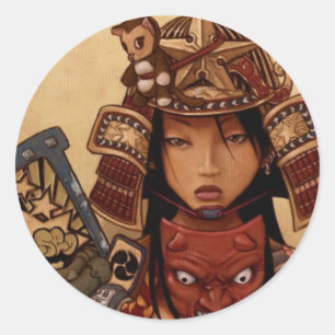 Adesivo Redondo Vinheta do diabo Samurai Girl