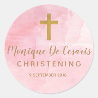 Adesivo Redondo Vinheta Dourada de Cristo Cruzado, cor-de-água ros