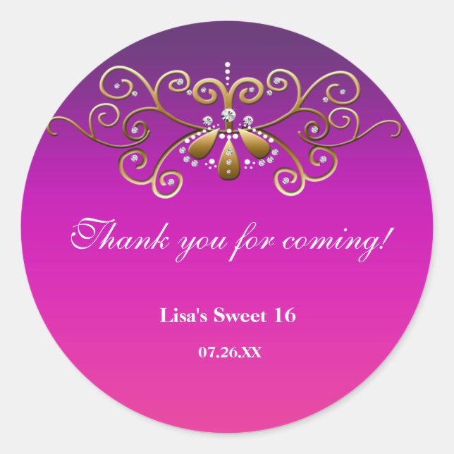 Adesivo Redondo Vinheta Dourada rosa púrpura da Princesa indiana (Frente)