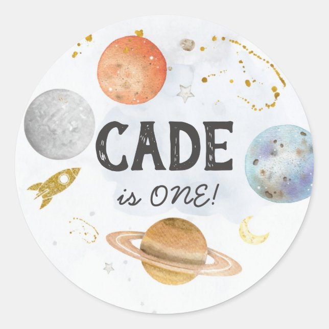 Adesivo Redondo Vinheta espacial, primeira viagem ao redor do prot (Frente)