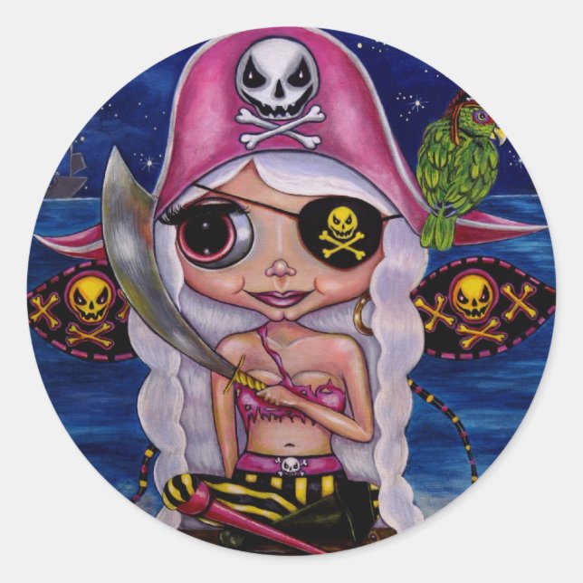 Adesivo Redondo Vinheta Fada Pirata Rosa (Frente)
