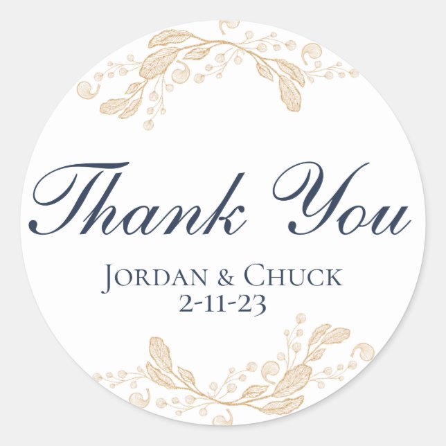 Adesivo Redondo Vinheta-Favor de Casamento Botânico de Folha Doura (Frente)