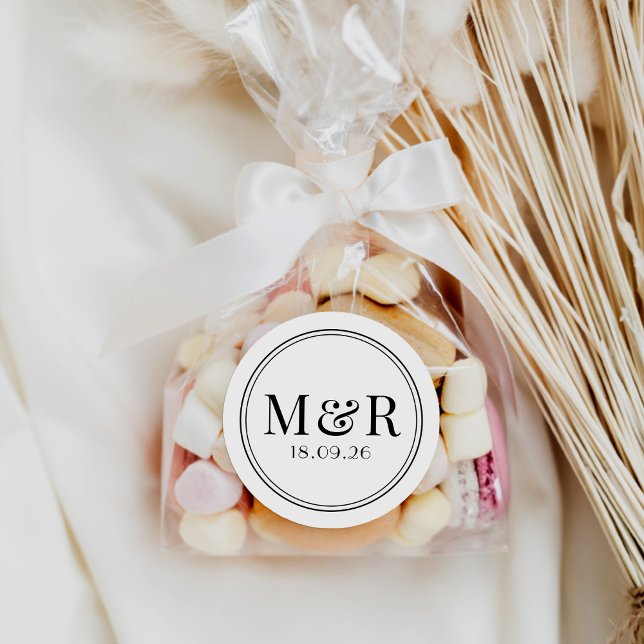 Adesivo Redondo Vinheta-Favor de Casamento de Script Preto Mínimo  (Criador carregado)