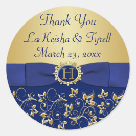 Adesivo Redondo Vinheta-Favor de Casamento Floral Dourado, Azul Mo