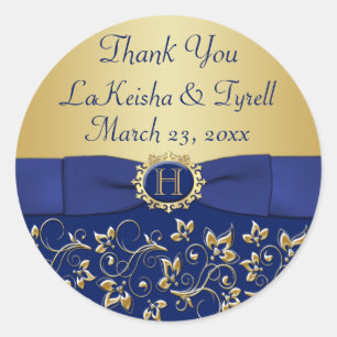 Adesivo Redondo Vinheta-Favor de Casamento Floral Dourado, Azul Mo