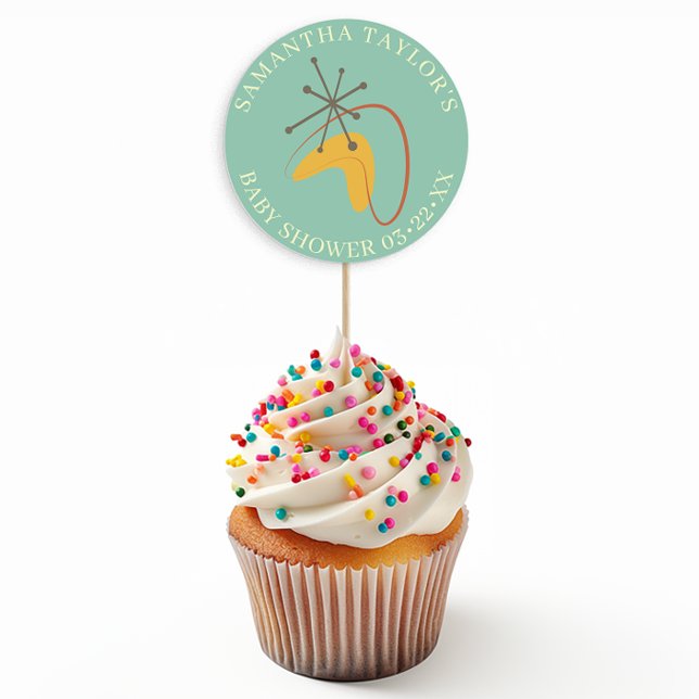 Adesivo Redondo Vinheta Favorável ao Chá de fraldas Moderno do Séc (Retro Baby Shower Sticker Favor)