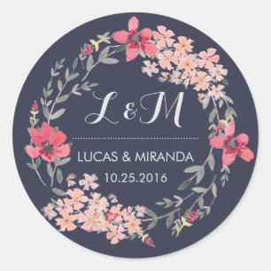 Adesivo Redondo Vinheta-Favorito de Casamento Floral Azul e Rosa