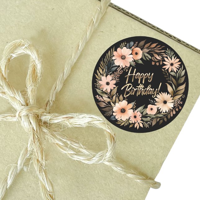 Adesivo Redondo Vinheta Feliz de Aniversário com Flores de Água (Happy Birthday Sticker with Watercolor Flowers Mockup 1)