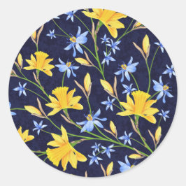 Adesivo Redondo Vinheta Floral Azul e Amarelo