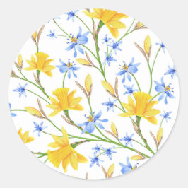 Adesivo Redondo Vinheta Floral Azul e Amarelo