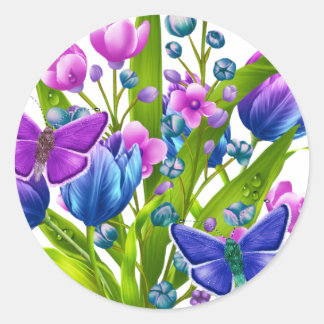 Adesivo Redondo Vinheta Floral Azul e Púrpura com Borboletas