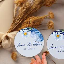 Adesivo Redondo Vinheta Floral de Casamento Floral das Flores Azui