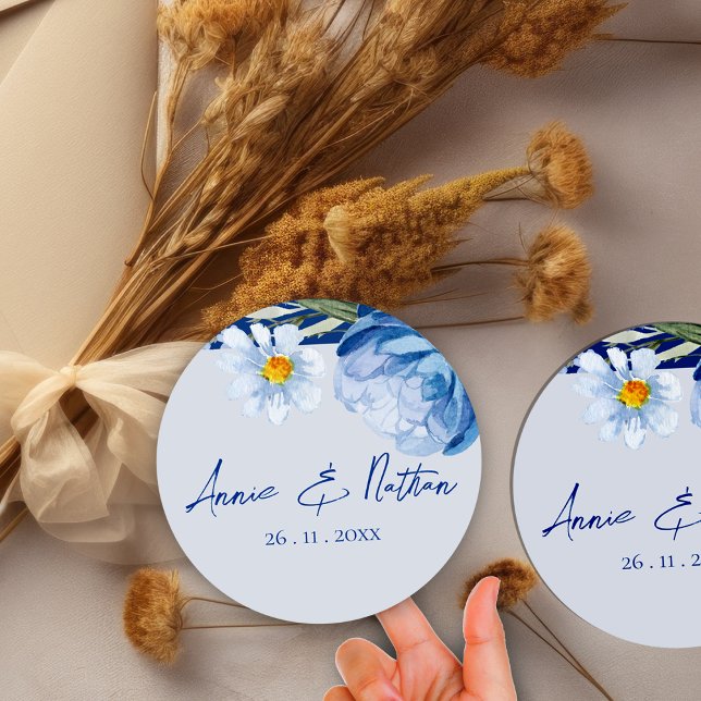 Adesivo Redondo Vinheta Floral de Casamento Floral das Flores Azui (Trendy Pretty Blue Flowers Floral Wedding Sticker)