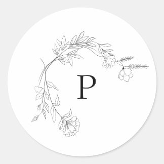 Adesivo Redondo Vinheta Floral de Monograma, preto e branco