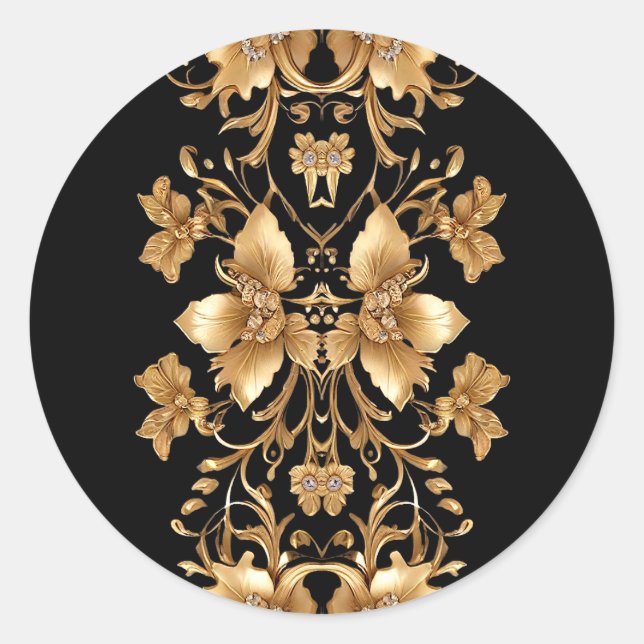 Adesivo Redondo Vinheta Floral do Ornamentado Preto Dourado (Frente)
