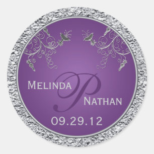 Adesivo Redondo Vinheta Floral Monograma de Folha de Púrpura e Pra