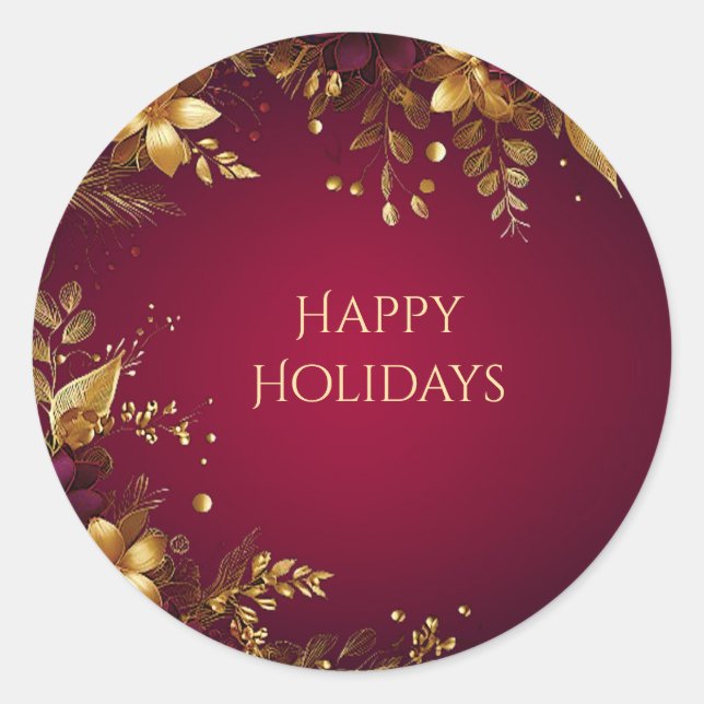 Adesivo Redondo Vinheta Flores Douradas Vermelhas Borgonha (Frente)