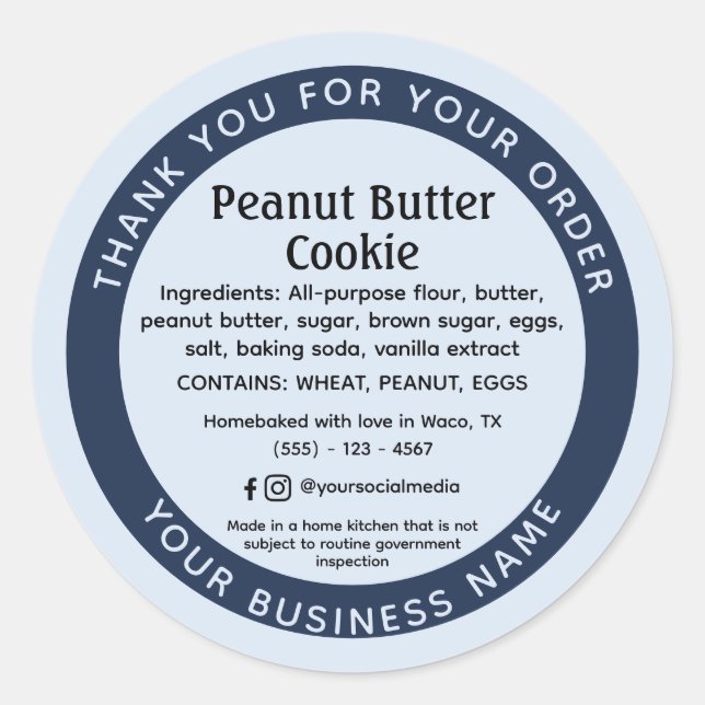 Adesivo Redondo Vinheta Ingrediente de Comida de Algodão Azul em P (Frente)