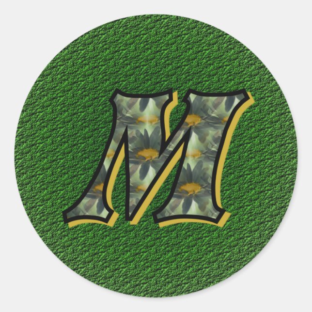 Adesivo Redondo Vinheta inicial de margaridas pretas M monograma (Frente)