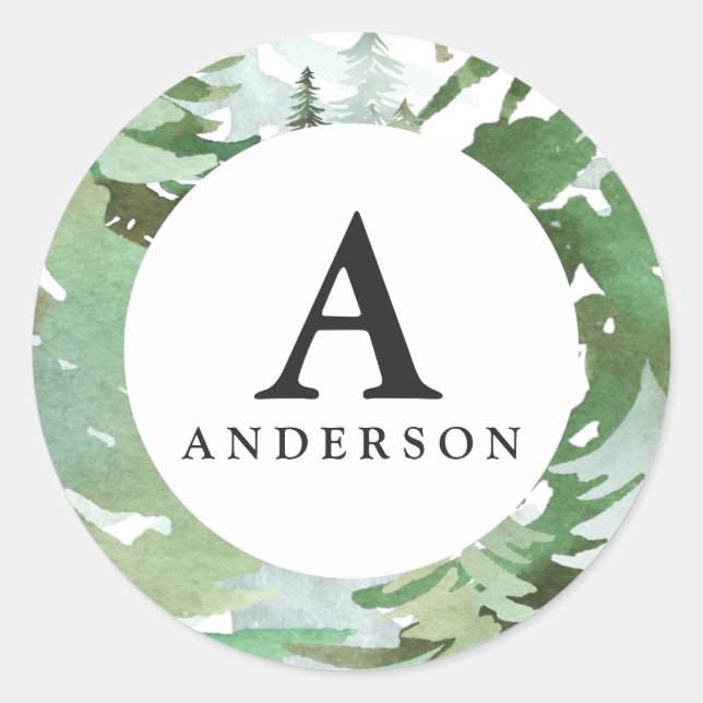Adesivo Redondo Vinheta inicial do monograma da floresta aquosa (Frente)