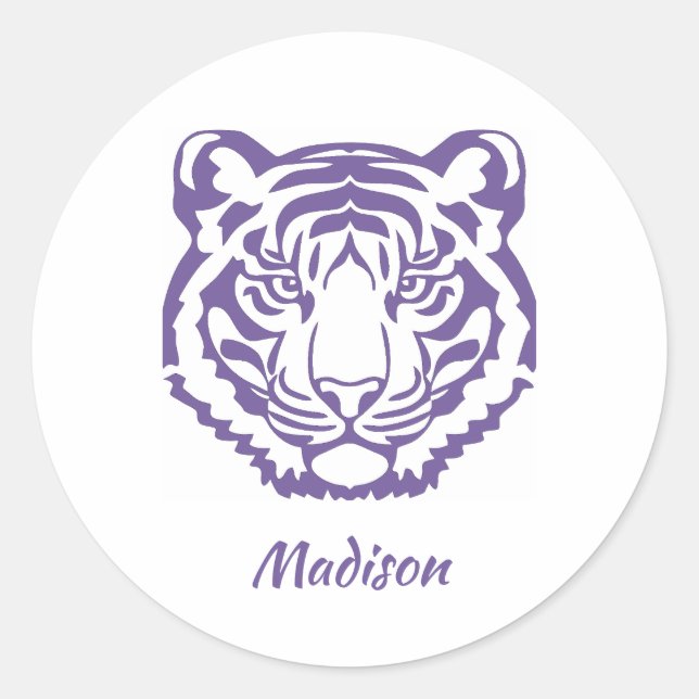 Adesivo Redondo Vinheta-mascote da Escola de Tigre Roxo (Frente)