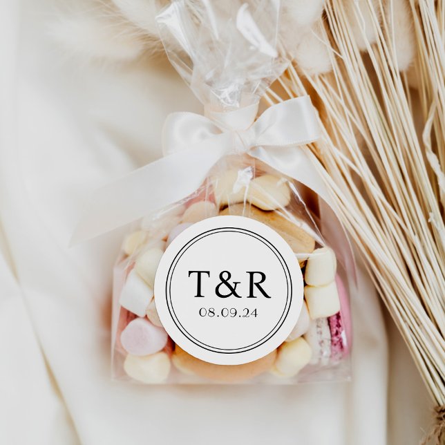 Adesivo Redondo Vinheta Mínima de Casamento Preto e Branco Monogra (Criador carregado)