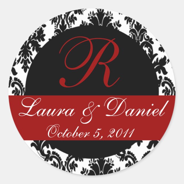 Adesivo Redondo Vinheta Monograma Damask (preto/vermelho) (Frente)
