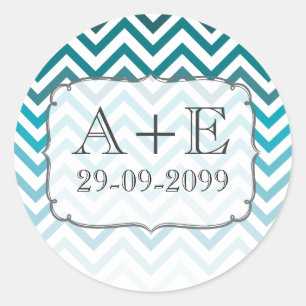Adesivo Redondo Vinheta Monograma de Casamento Chevron Azul Ombre