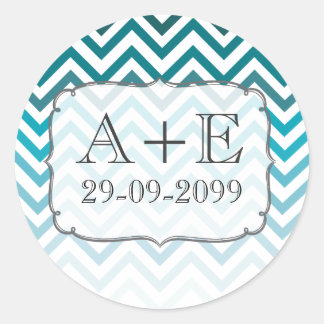Adesivo Redondo Vinheta Monograma de Casamento Chevron Azul Ombre