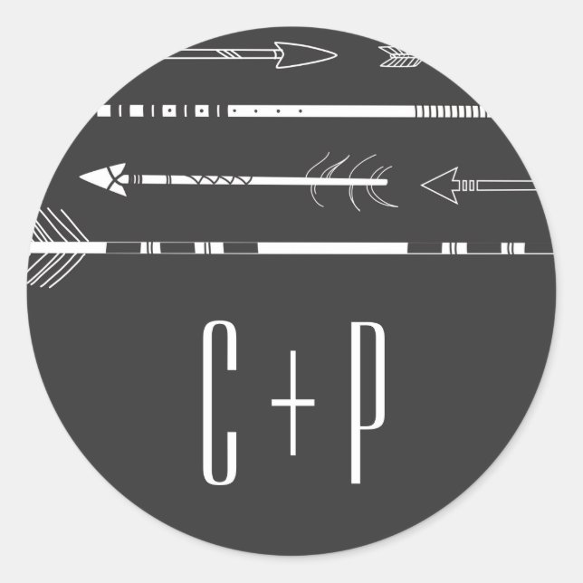 Adesivo Redondo Vinheta Monograma de Setas Tribais | CINZAS (Frente)