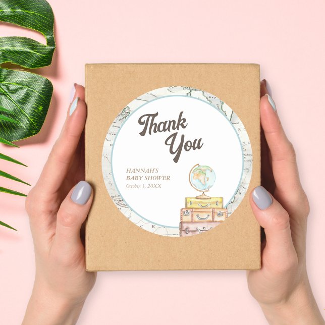 Adesivo Redondo Vinheta personalizada de favoritos do Chá de frald (Personalized Travel Baby Shower Favor Sticker
)