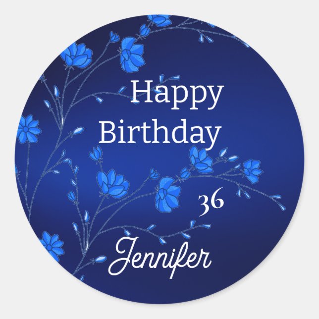 Adesivo Redondo Vinheta Personalizada de Flores Azuis Personalizad (Frente)