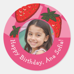 Adesivo Redondo Vinheta Personalizada de Morango de Aniversário Fe