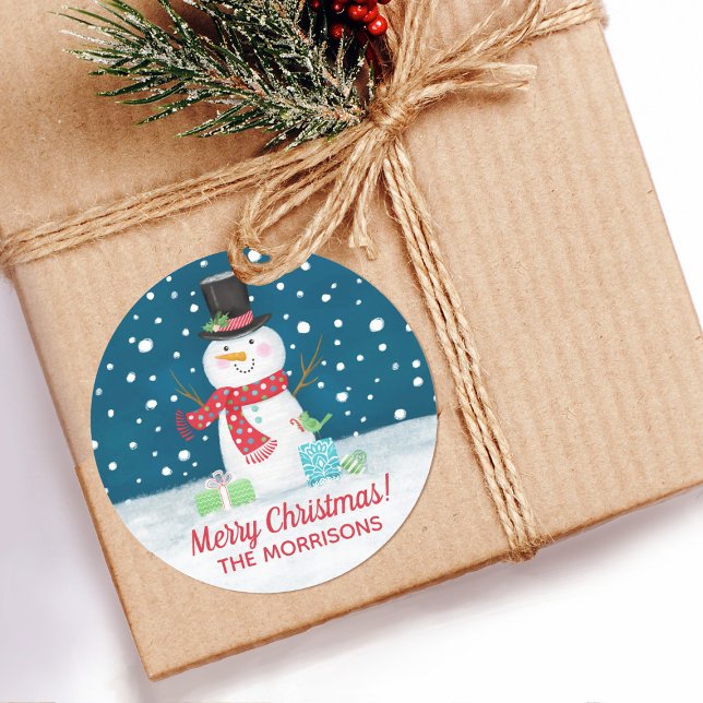 Adesivo Redondo Vinheta Personalizada de Natal Snowman (A cute Christmas snowman sticker for decorating your holiday gift  packages)