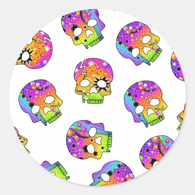 Adesivo Redondo Vinheta - POP ART SKULLS (Frente)