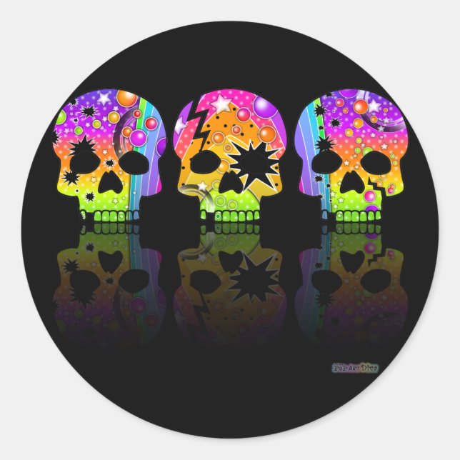 Adesivo Redondo Vinheta - POP ART SKULLS (Frente)