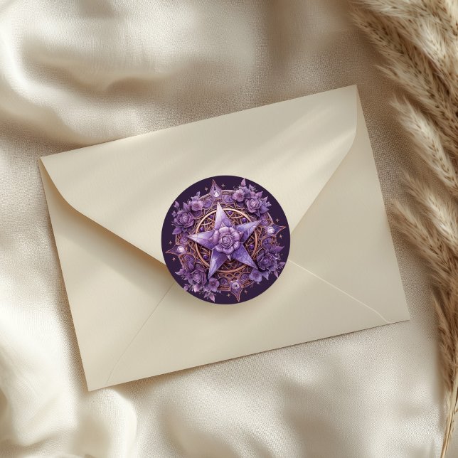 Adesivo Redondo Vinheta-pórtico-Rosa místico - Selo-púrpura (Mystic Rose Pentacle Sticker – Purple Witchy Seal on a neutral envelope)
